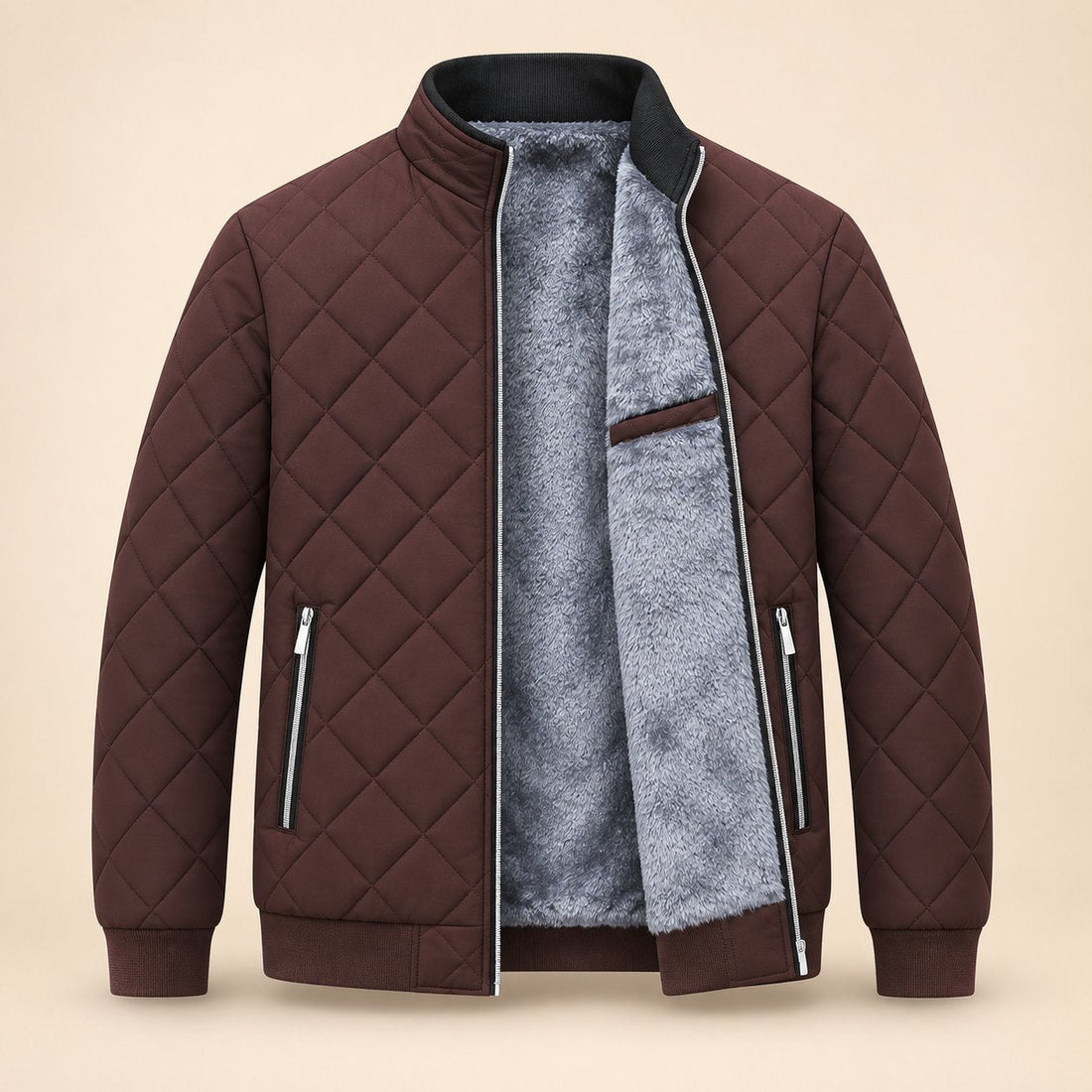 Men's Diamond Quilted Zip-Up Jacket with Stand Collar