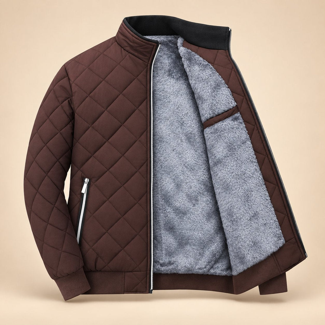 Men's Diamond Quilted Zip-Up Jacket with Stand Collar