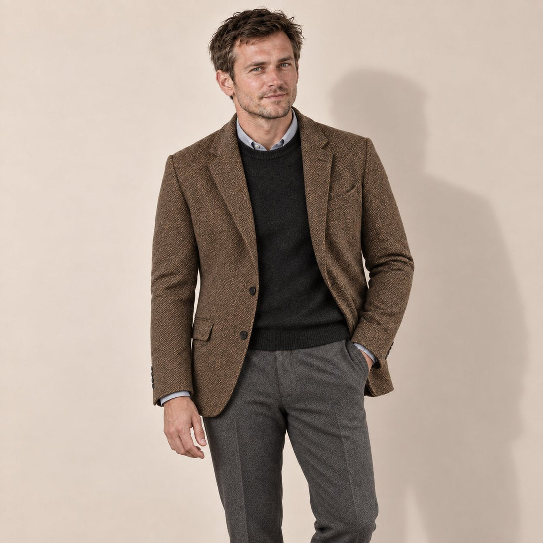 Men's Blazer Herringbone Wool-Blend Tailored